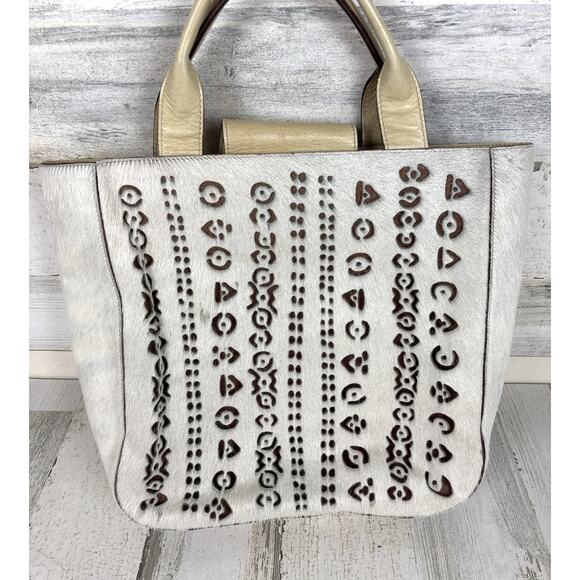 Pibra Women’s White Cutout Horsehair Italian Leather Handle Bag Boho Purse Rare - Picture 1 of 12